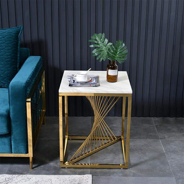 19.7" Square Side Table White Marble End Table with Gold Stainless Steel Base-End & Side Tables,Furniture,Living Room Furniture